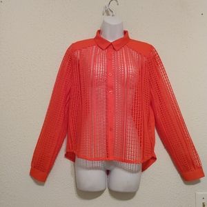 Jenn Orange Net High Low Long Sleeve Top sz M